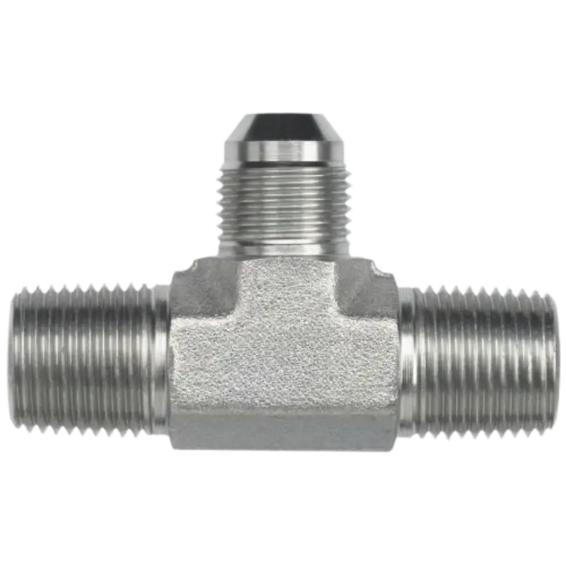 2610-04-04-06-Fg : Onehydraulics Tee Steel Adapter, 1/4-18 (-04) Male Npt X 1/4-18 (-04) Male Npt X 9/16-18 (-06) Male Jic, 6000Psi 1