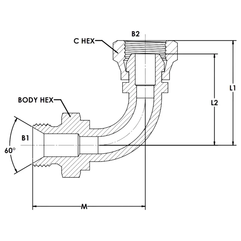 9224-L-16-16 : Onehydraulics Swept 90-Degree Long Steel Adapter, 1-11 (-16) Male Bspp X 1-11 (-16) Female Bspp Swivel, 1700Psi 2