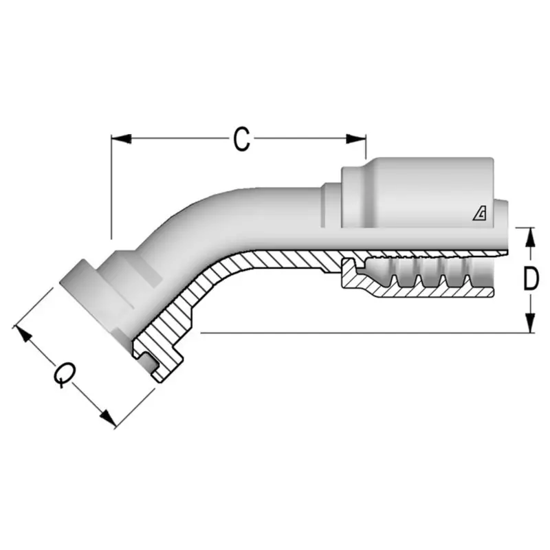 B-1216-C624 : Alfagomma 45-Degree Steel Fitting, 3/4 (-12) Hose X 1" (-16) Code 62 Flange, 6000Psi 1