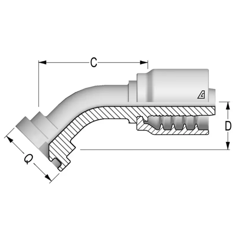 B-1620-C614 : Alfagomma 45-Degree Steel Fitting, 1 (-16) Hose X 1.25" (-20) Code 61 Flange, 3000Psi 1