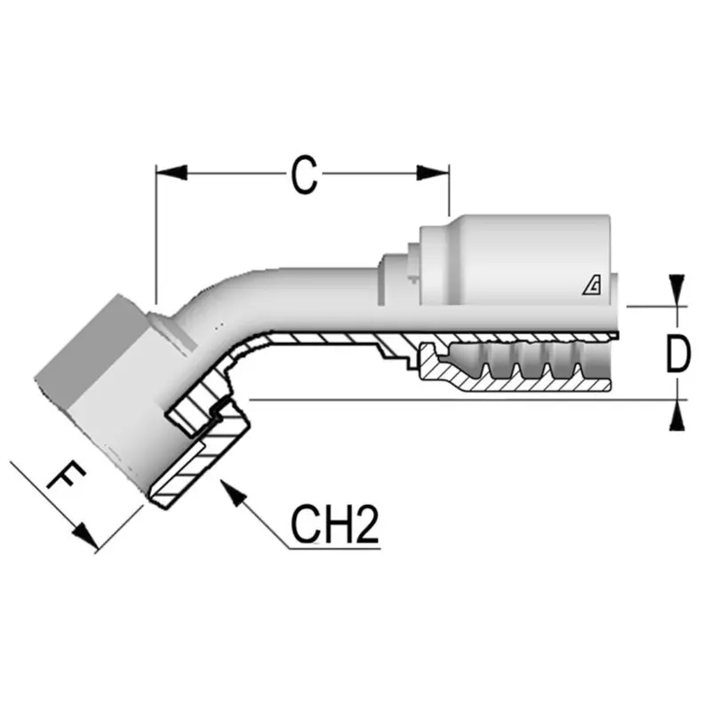 B-1620-Fo45 : Alfagomma 45-Degree Steel Fitting, 1 (-16) Hose X 1 11/16-12 (-20) Female Orfs 1