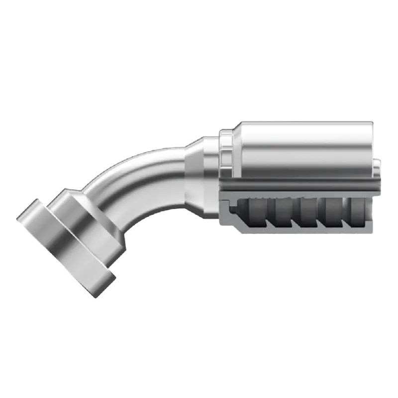 B2-Kf45-1010: Continental Hose Fitting, 0.625 (5/8") Hose Id X 0.625 (5/8") Komatsu Flange, 45-Degree Connection 1