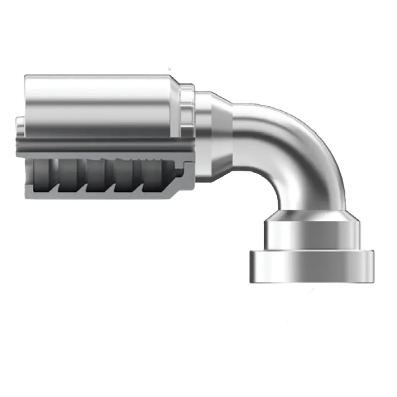 B2-Kf90-1010: Continental Hose Fitting, 0.625 (5/8") Hose Id X 0.625 (5/8") Komatsu Flange, 90-Degree Connection 1