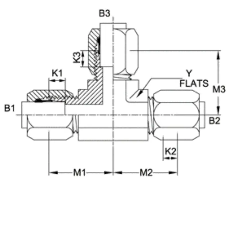 C2603-12-12-12-Fg : Onehydraulics Tee Steel Adapter, 1-1/16-12 (-12) Flareless Bite Type Tube Compression Union 2