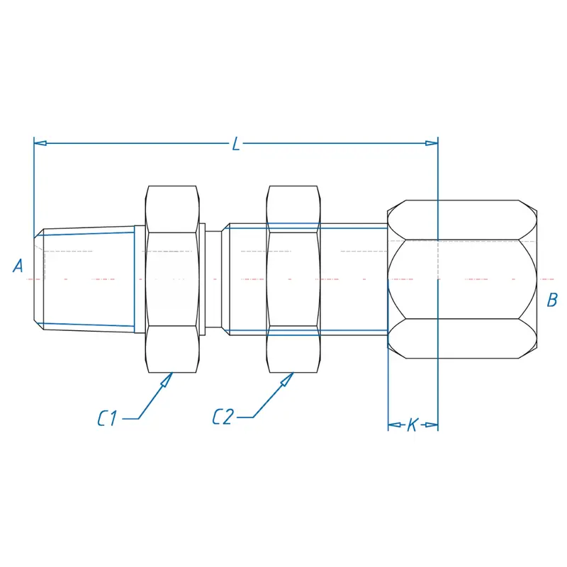 C2706-16-16 : Onehydraulics Straight Steel Bulkhead Adapter, 1-11-1/2 (-16) Male Npt X 1-5/16-12 (-16) Flareless Bite Type Tube Compression 2