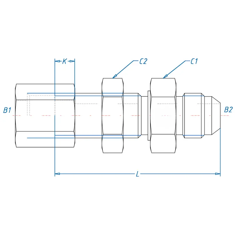 C2707-12-12 : Onehydraulics Straight Steel Bulkhead Adapter, 1-1/16-12 (-12) Flareless Bite Type Tube Compression X 1-1/16-12 (-12) Male Jic 2