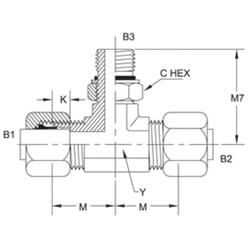 C6803-08-08-08-Nwo-Fg : Onehydraulics Branch Tee Steel Adapter, 3/4-16 (-08) Flareless Bite Type Tube Compression X 3/4-16 (-08) Flareless Bite Type Tube Compression X 3/4-16 (-08) Male Adjustable Orb 2