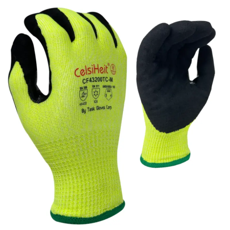 Cf43200tc : Celsiheit Black Sandy Foam Nitrile Palm Coated, Reinforced Thumb Saddle, 13 Gauge Hi-Vis Green Hdpe & Polyester Shell, 7 Gauge Acrylic Terry Lined, Ansi Cut A4, 12-Pack 1
