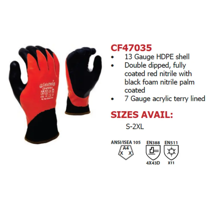 Cf47035 : Double Dipped, Red Smooth Nitrile Fully Coated, Black Foam Nitrile Palm Coated, 13 Gauge Hdpe Shell, 7 Gauge Acrylic Terry Lined, Ansi Cut A4, 12-Pack 4