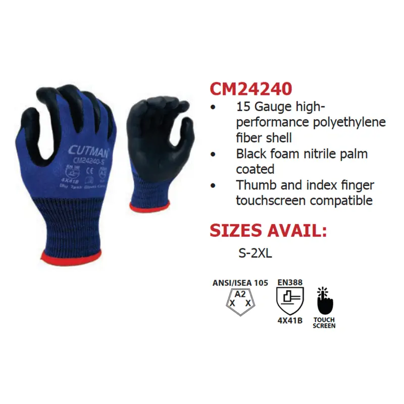 Cm24240 : Cutman 15 Gauge Blue Nylon W/ Glass Fiber Shell, Black Foam Nitrile Palm Coated, Touchscreen Compatible, Ansi Cut A2, 12-Pack 2