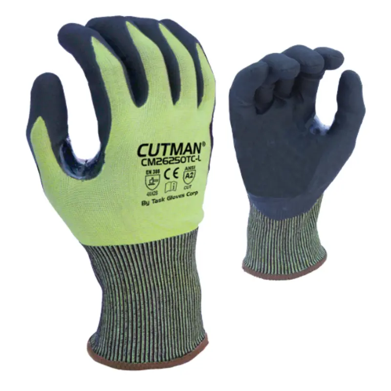 Cm26250tc : Cutman Task Gloves, 18 Gauge Hi-Vis Hdpe Shell, Black Polyurethane Palm Coated, Reinforced Thumb Saddle, Ansi Cut A2, Touchscreen Compatible, 12-Pack 1