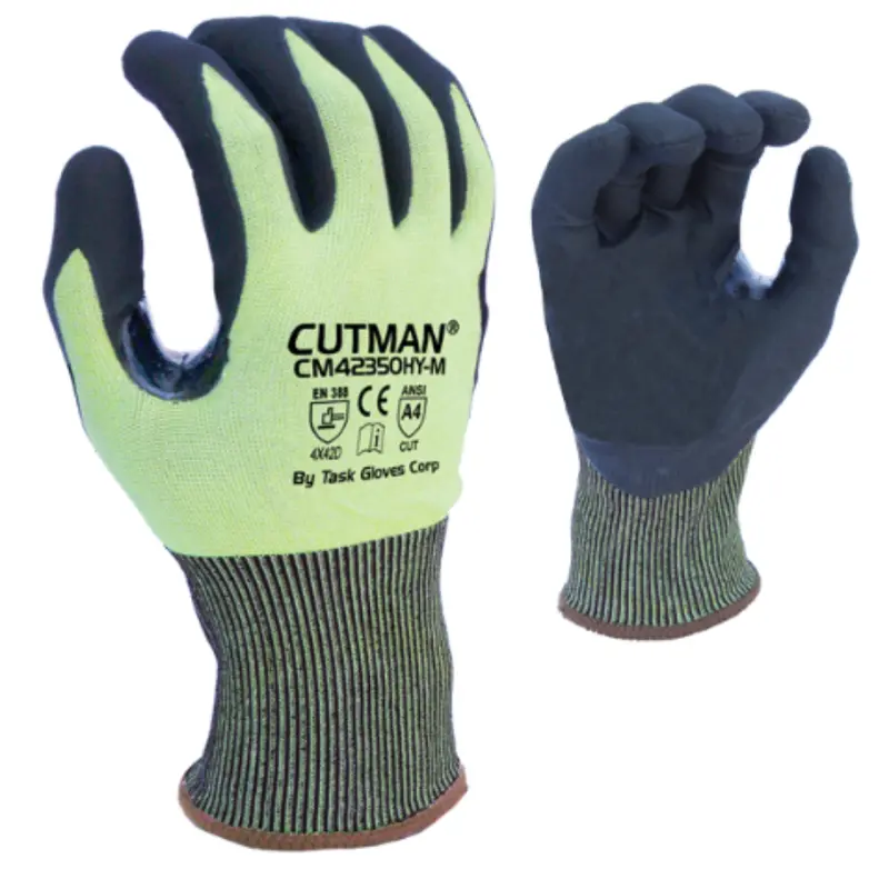 Cm42350hy : Cutman 18 Gauge Hi-Vis Yellow Hdpe Shell, Black Micro-Foam Nitrile Palm Coated, Reinforced Thumb Saddle, Ansi Cut A4, Touchscreen Compatible, 12-Pack 1