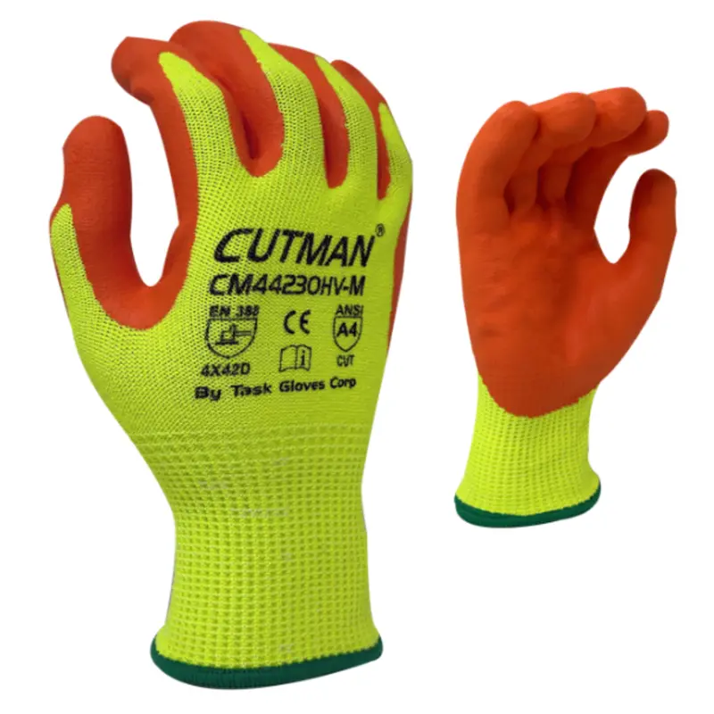 Cm44230hv : Cutman 13 Gauge Hi-Vis Yellow Hdpe Shell, Hi-Vis Orange Foam Nitrile Palm Coated, Ansi Cut A4, 12-Pack 1