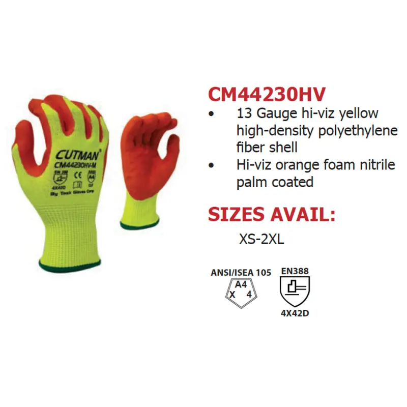 Cm44230hv : Cutman 13 Gauge Hi-Vis Yellow Hdpe Shell, Hi-Vis Orange Foam Nitrile Palm Coated, Ansi Cut A4, 12-Pack 2