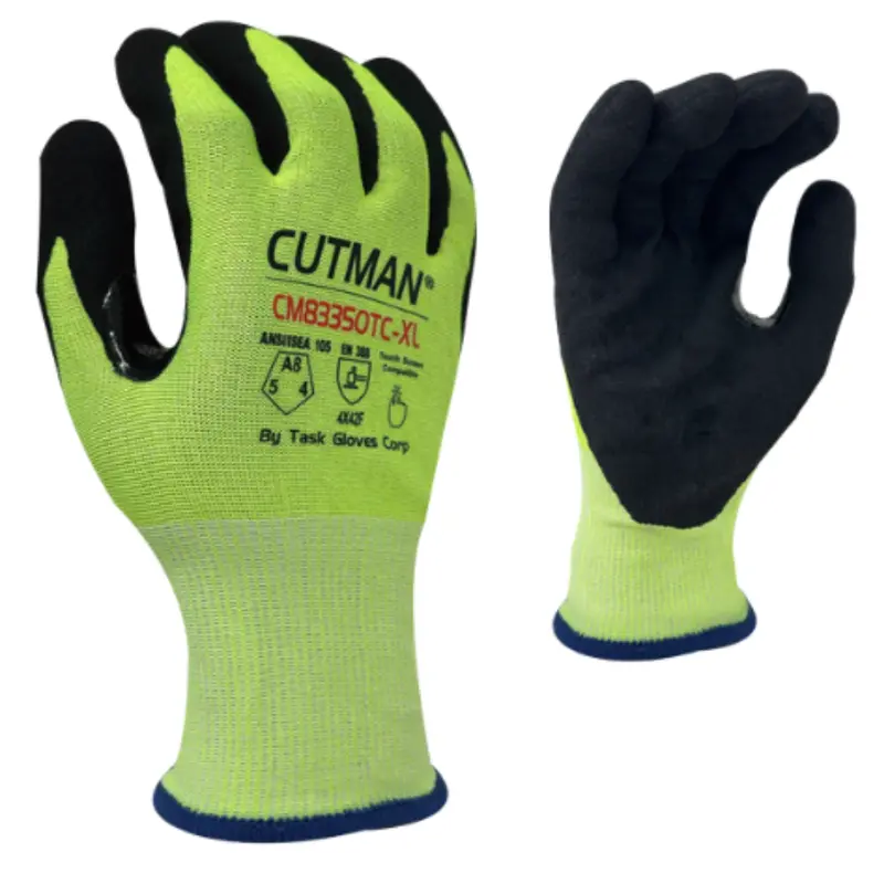 Cm83350tc : Cutman 18 Gauge Hi-Vis Yellow Hdpe + Stainless Steel Shell, Black Sandy-Foam Nitrile Palm Coated, Reinforced Thumb Saddle, Touchscreen Compatible, Ansi Cut A8, 12-Pack 1