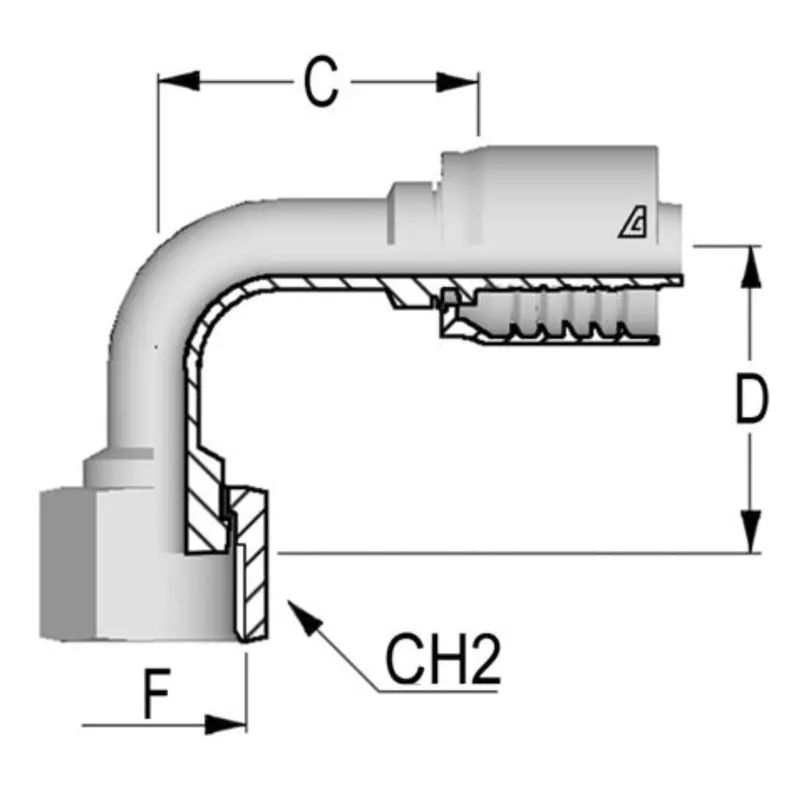D-0606-Fo9s : Alfagomma 90-Degree Steel Fitting, 3/8 (-06) Hose X 11/16-16 (-06) Female Orfs Short Drop 1