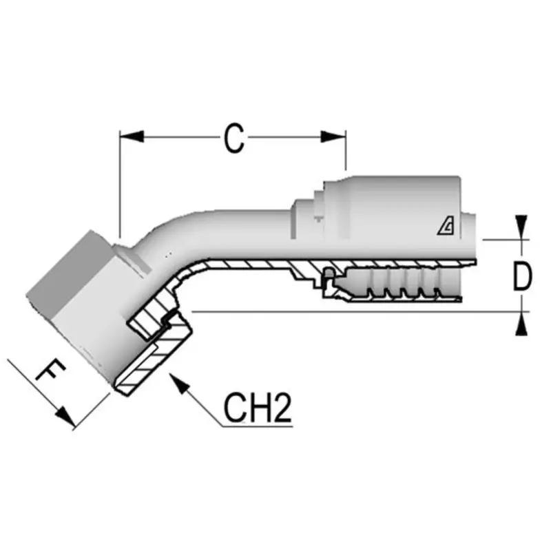 D-0608-Fo45 : Alfagomma 45-Degree Steel Fitting, 3/8 (-06) Hose X 13/16-16 (-08) Female Orfs 1