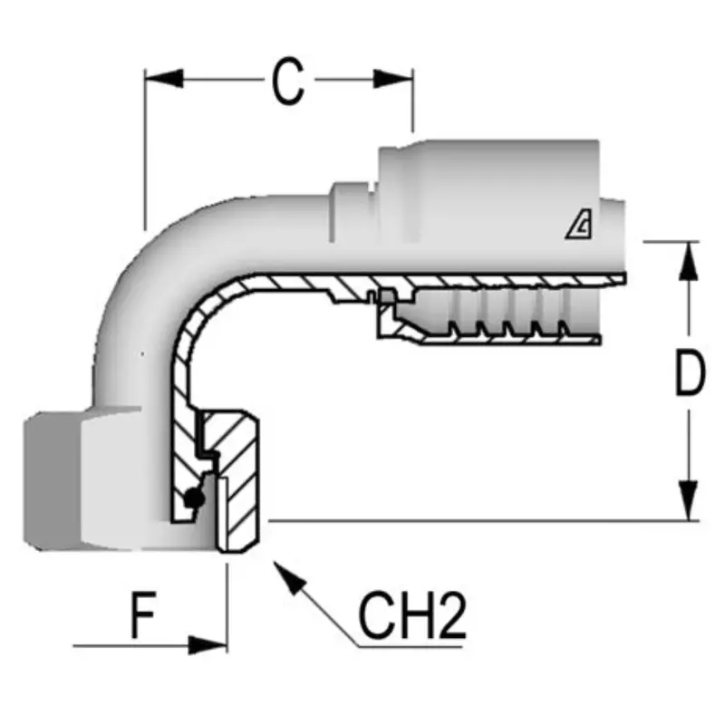D-0622-Fm9h : Alfagomma 90-Degree Steel Fitting, 3/8 (-06) Hose X M22x1.5 (-S14) Female Heavy Duty Din Tube With O-Ring 1