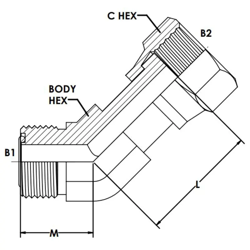 Fs6502-06-06-Fg : Onehydraulics 45-Degree Steel Adapter, 11/16-16 (-06) Male Orfs X 11/16-16 (-06) Female Orfs Swivel, 5000Psi 2