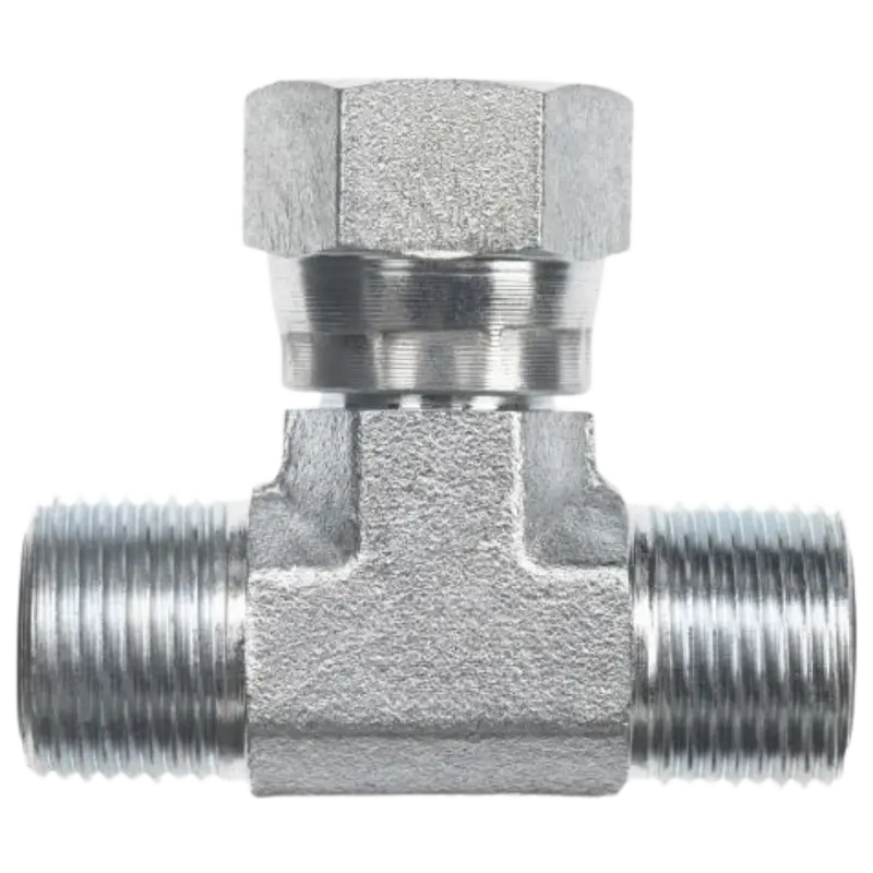 Fs6600-04-04-04-Fg : Onehydraulics Branch Tee Steel Adapter, 9/16-18 (-04) Male Orfs X 9/16-18 (-04) Male Orfs X 9/16-18 (-04) Female Orfs Swivel, 9200Psi 1