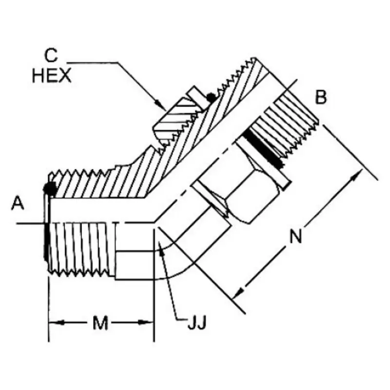 Fs6802-12-12-Nwo-Fg : Onehydraulics 45-Degree Steel Adapter, 1-3/16-12 (-12) Male Orfs X 1-1/16-12 (-12) Male Adjustable Orb, 5000Psi 2