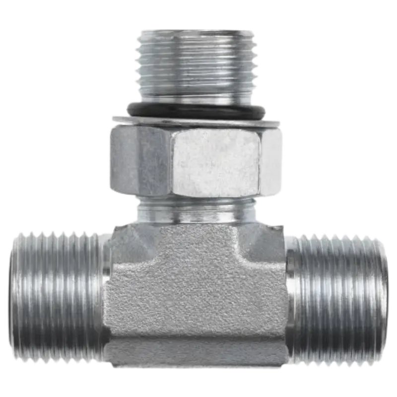 Fs6803-06-06-06-Nwo-Fg : Onehydraulics Tee Steel Adapter, 11/16-16 (-06) Male Orfs X 11/16-16 (-06) Male Orfs X 9/16-18 (-06) Male Adjustable Orb, 6000Psi 1