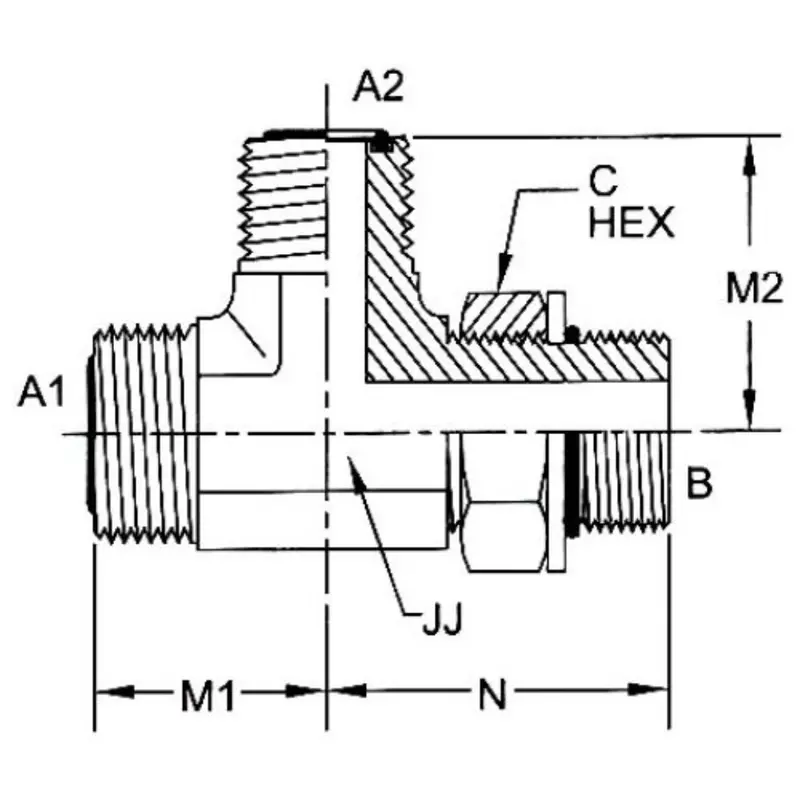 Fs6804-12-12-12-Nwo-Fg : Onehydraulics Tee Steel Adapter, 1-3/16-12 (-12) Male Orfs X 1-1/16-12 (-12) Male Adjustable Orb X 1-3/16-12 (-12) Male Orfs, 5000Psi 2