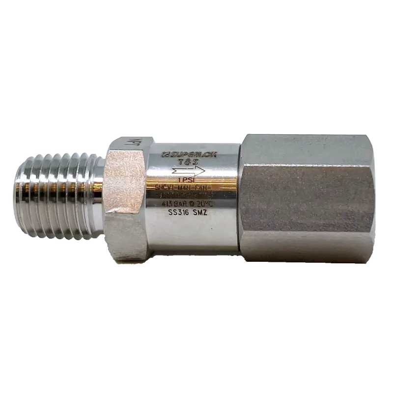 Shcv1-Mf-4N-1P : Superlok Inline Check Valve, 1/4" Mnpt X 1/4" Fnpt, 1Psi Cracking, 6000Psi, 316Ss 1