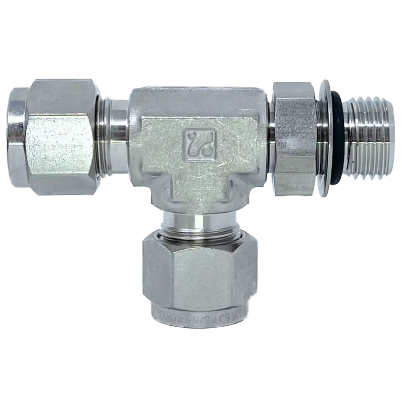 Spmrt 8-6U : Superlok Stainless Run Tee, 1/2" (-8) Tube Od X 1/2" (-8) Tube Od X 9/16-18 (-6U) Male Adjustable Orb 1