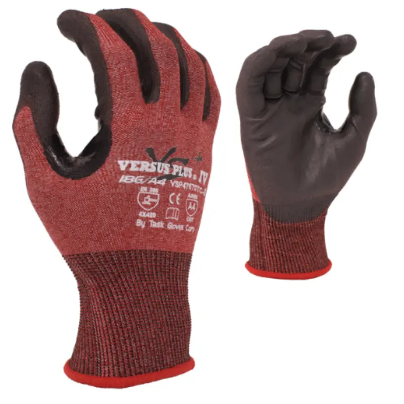 Vsp47670tc : Versus Plus® 18 Gauge Red Falstone Fiber Shell, Black Polyurethane Palm Coated, Reinforced Nitrile Thumb Saddle, Ansi Cut A4, Touchscreen Compatible, 12-Pack 1