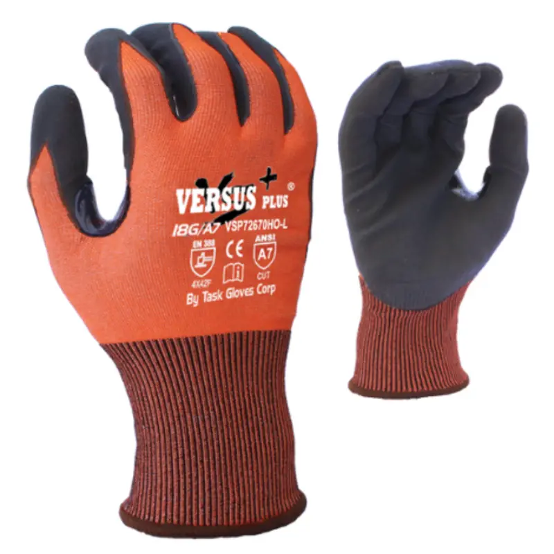 Vsp72670ho : Versus Plus 18 Gauge Hi-Vis Orange Falstone Fiber Shell, Black Micro-Foam Nitrile Coated Palm And Fingers, Reinforced Thumb Saddle, Touchscreen Compatible, Ansi Cut A7, 12-Pack 1