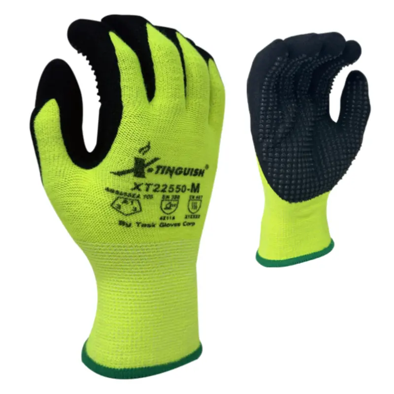 Xt22550 : Xtinguish 13 Gauge Hi-Vis Yellow Acrylic, Polyester Terry Cloth Inner Lined, Black Sandy Nitrile Palm Coated With Nitrile Dots, 12-Pack 1