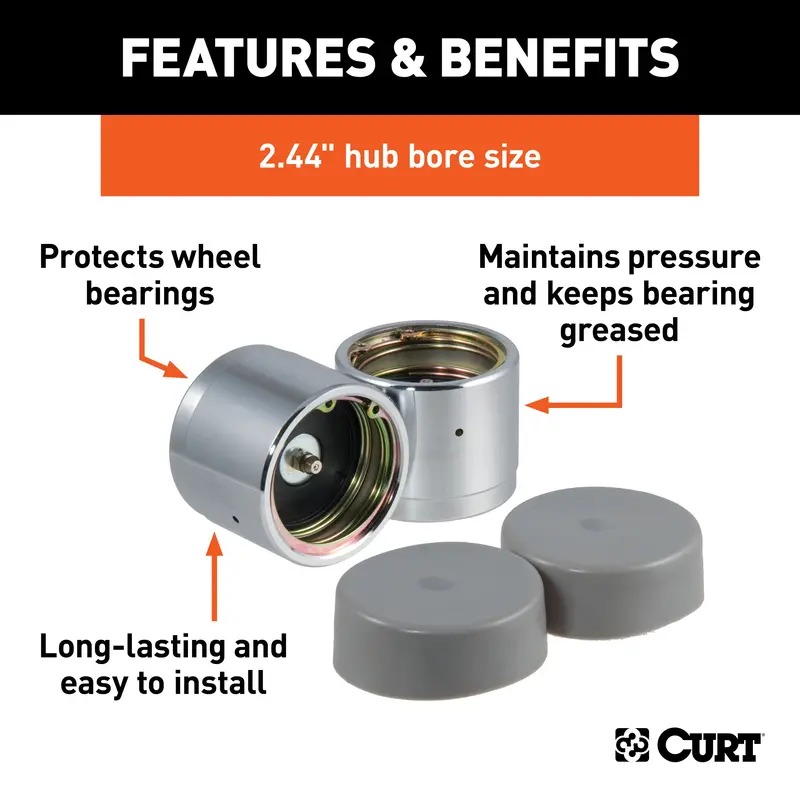 Curt 22244 Trailer Wheel Bearing Protectors & Dust Covers – 2.44" Diameter, 2-Pack 1