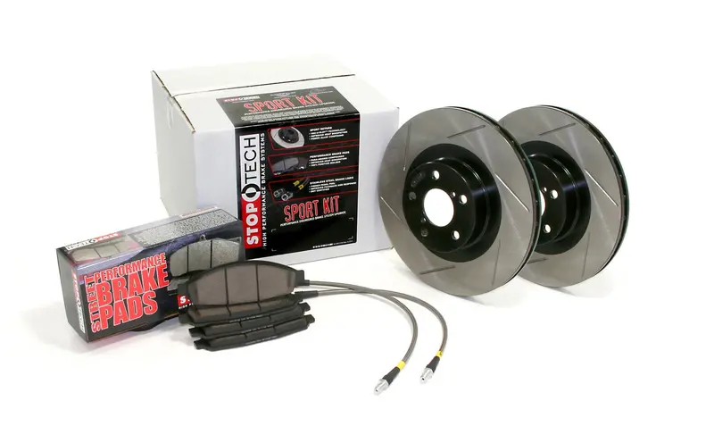 Stoptech Sport Axle Pack – Front Brake Kit Featuring Slotted Rotors, Stainless Steel Brake Lines, And Performance Pads 1